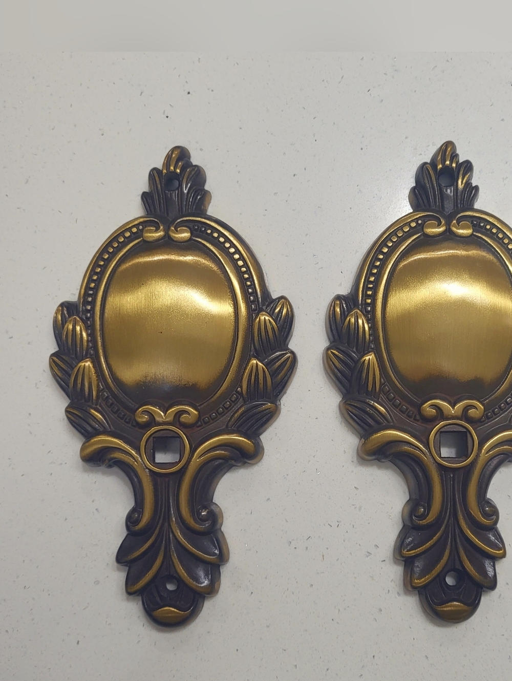 Vintage 1960s Door Knob Backplates Ornate Taiwan NOS Cast Metal Pair